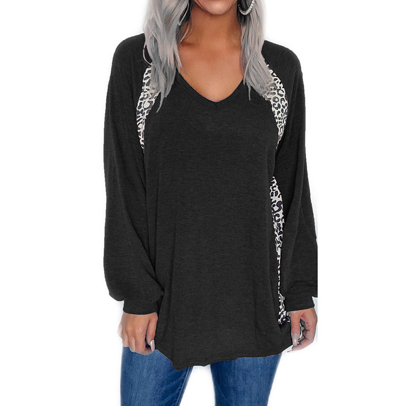 Damen Oversize V-Ausschnitt Langarm-Tunik mit Leo-Seiteneinsätzen und lässiger Silhouette Drune