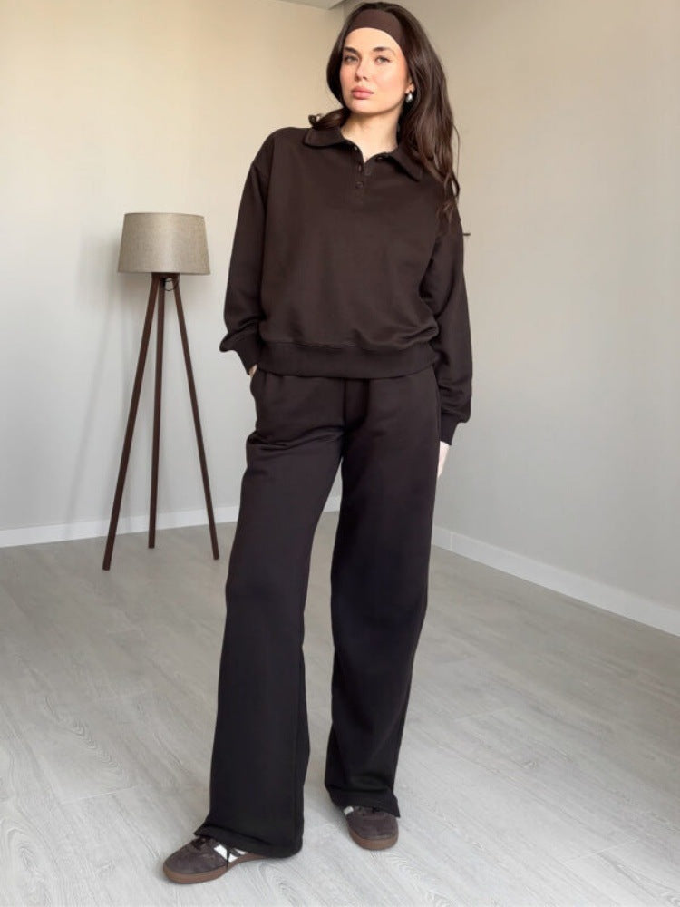 Damen Loungewear-Anzug aus weichem Fleece mit Polo-Kragen und geraden Hosen Drune