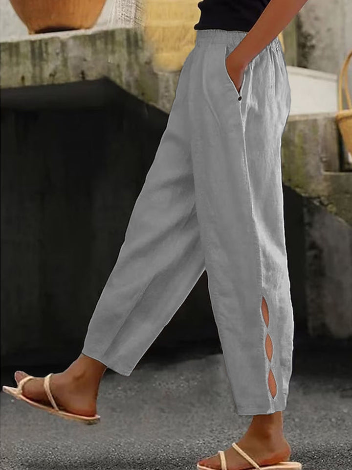 Damen Leichte Leinenhose mit seitlichen Schlitzen und elastischem Bund Drune