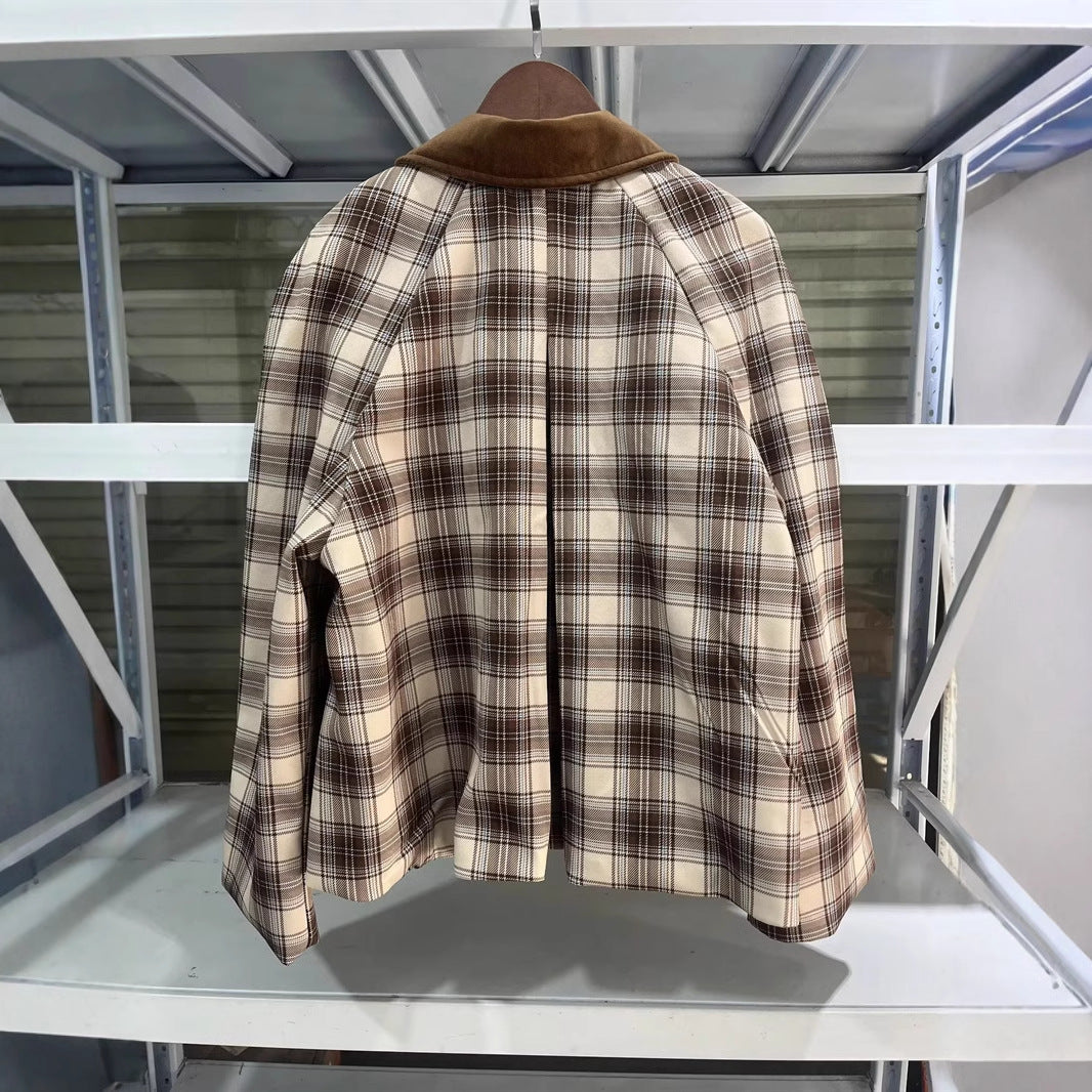 Damen nan karierte Übergangsjacke mit kontrastierendem Samtkragen, verdeckter Frontleiste und Eingrifftaschen Drune