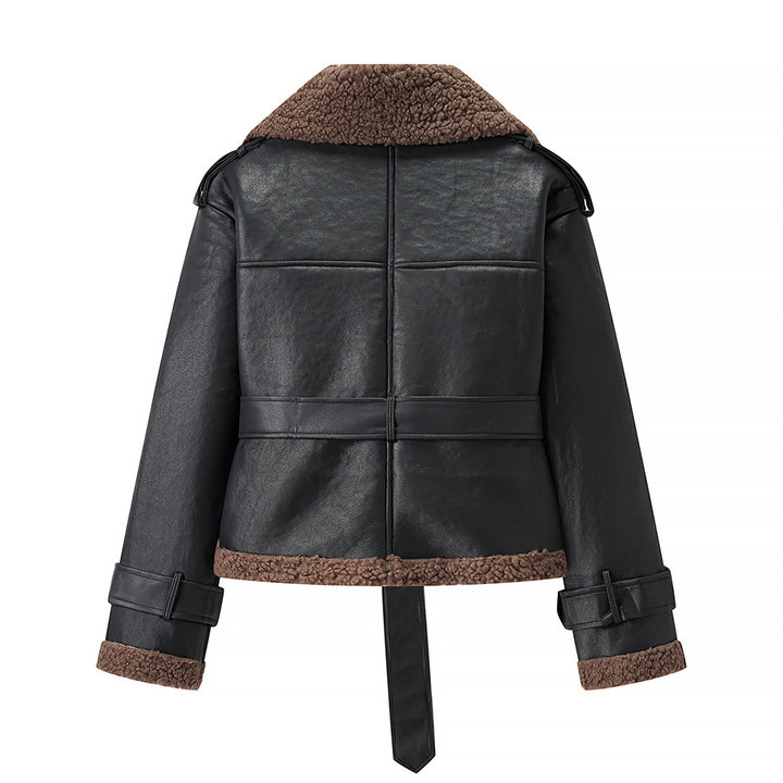 Damen Kurze Fliegerjacke aus Kunstleder mit Teddyfell-Kragen und Taillengürtel Drune