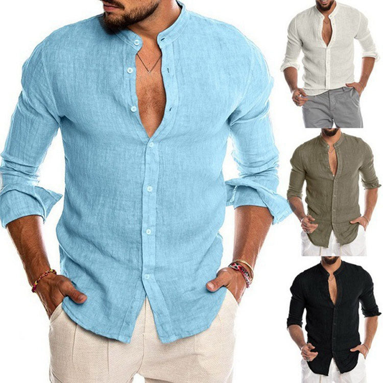 Herren nan Leinenhemd mit Stehkragen, durchgehender Knopfleiste und legerer Slim-Fit-Passform Drune