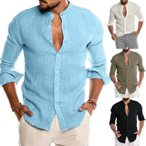 Herren nan Leinenhemd mit Stehkragen, durchgehender Knopfleiste und legerer Slim-Fit-Passform Drune