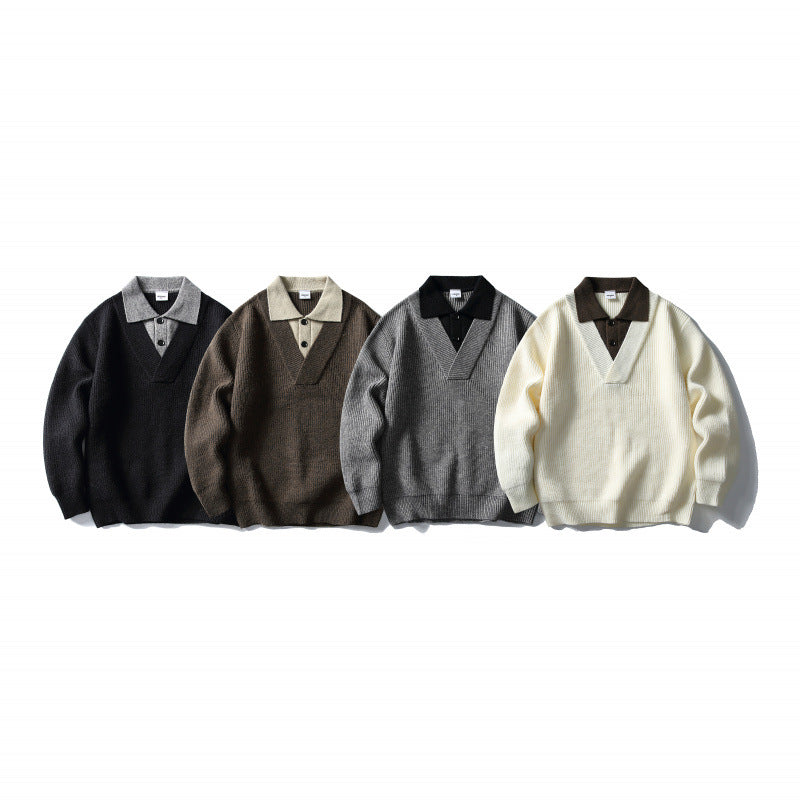 Herren Strick-Polo-Pullover mit Oversize-Schnitt, V‑Einsatz und Kontrastkragen Drune