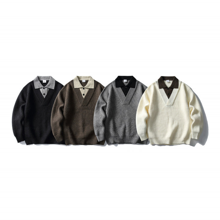 Herren Strick-Polo-Pullover mit Oversize-Schnitt, V‑Einsatz und Kontrastkragen Drune