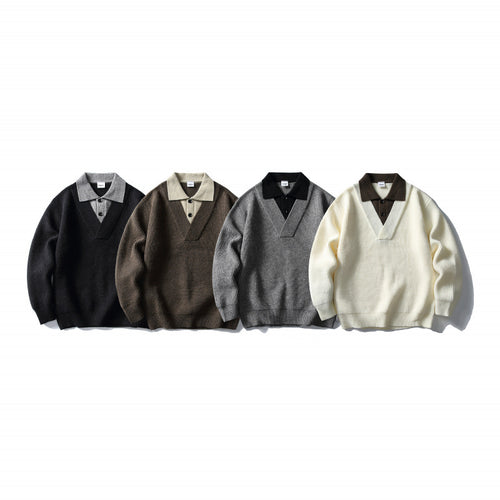 Herren Strick-Polo-Pullover mit Oversize-Schnitt, V‑Einsatz und Kontrastkragen Drune