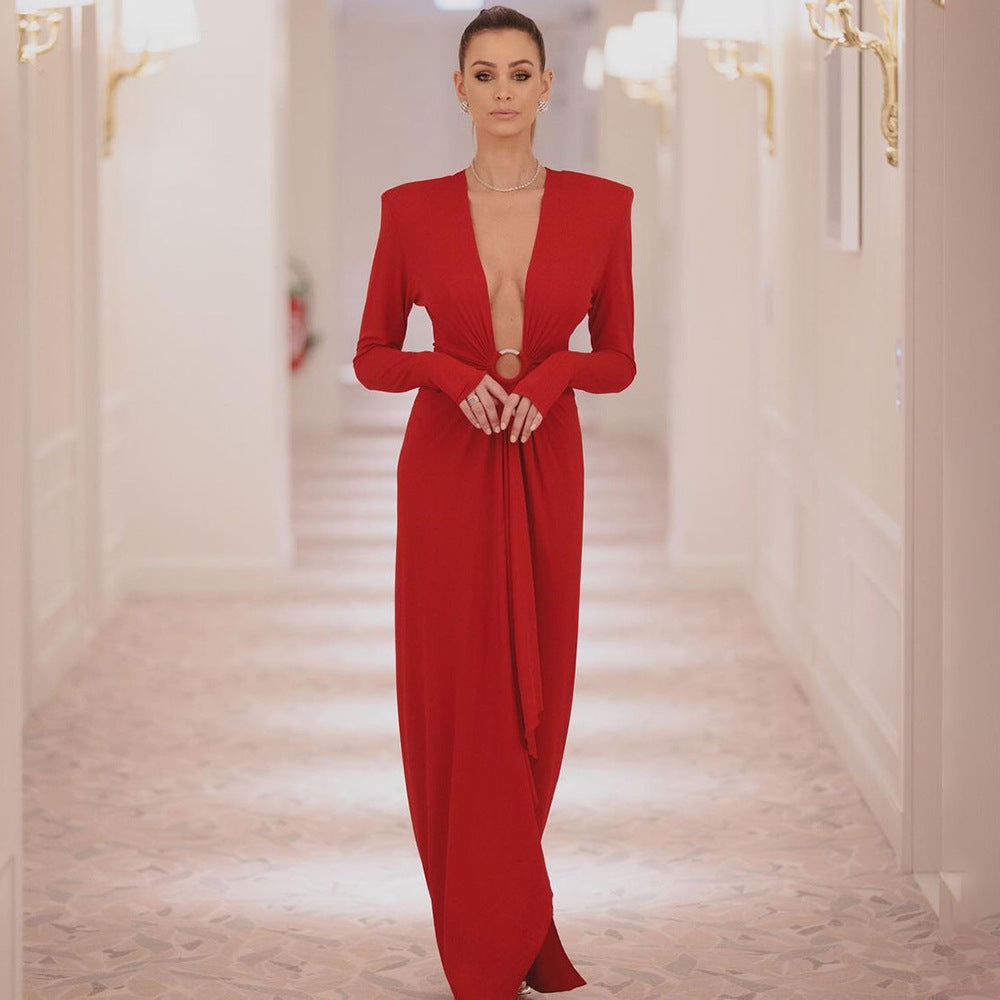 Damen Elegantes Abendkleid mit tiefem V-Ausschnitt und gefalteten Ärmeln Drune