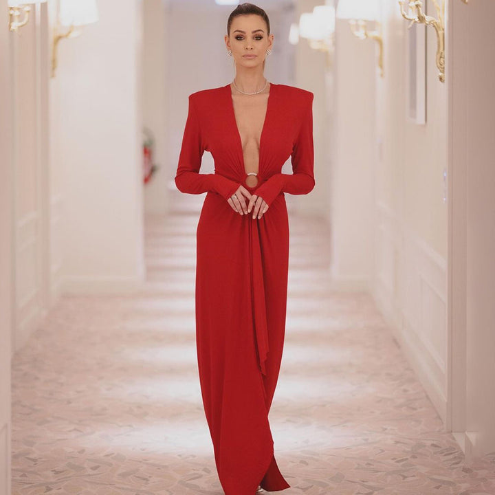 Damen Elegantes Abendkleid mit tiefem V-Ausschnitt und gefalteten Ärmeln Drune