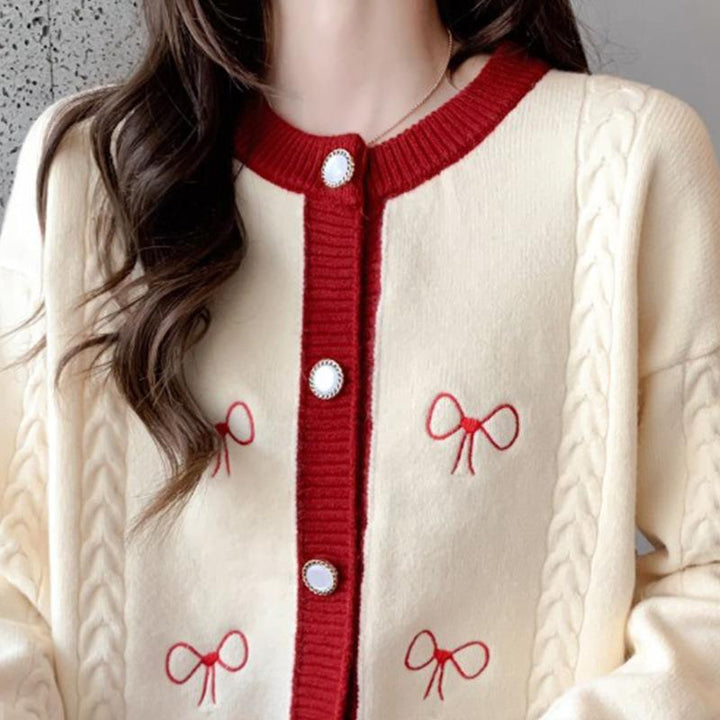 Damen kuschelige Strickjacke mit Schleifenapplikationen und Zopfmuster Drune