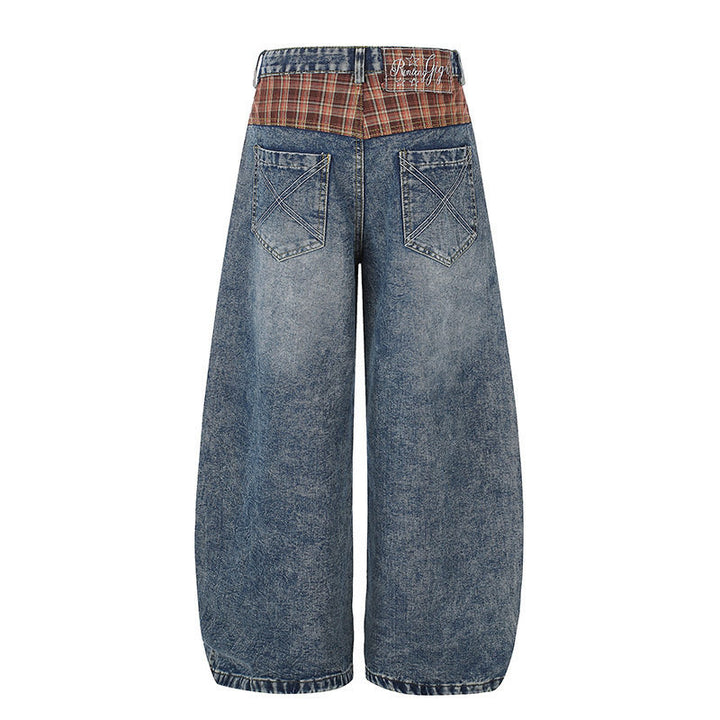 Damen Weite High‑Waist Denim‑Culotte im Palazzo‑Stil mit Karo‑Bund und Vintage‑Waschung Drune