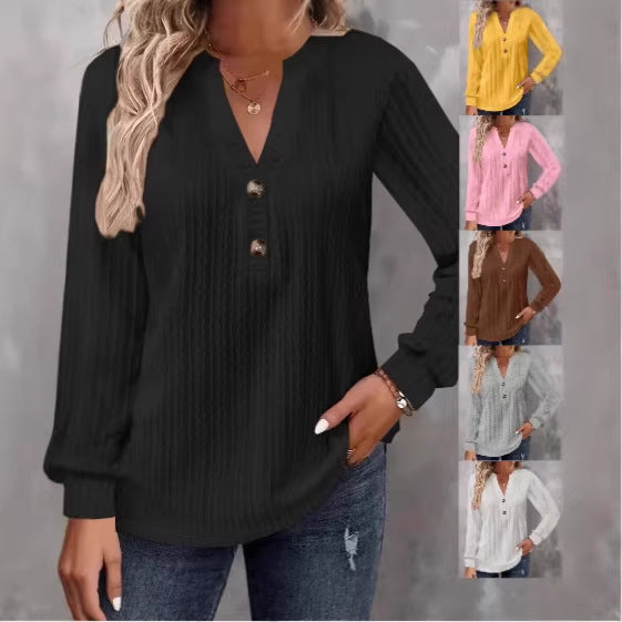 Damen Strukturiertes V‑Neck Langarmshirt mit Zierknopfleiste Drune