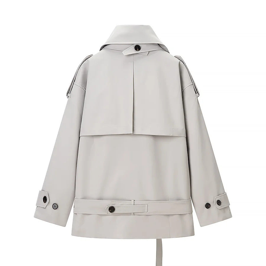 Damen nan kurz geschnittener Doppelreiher Trenchcoat mit Taillengürtel und hohem Stehkragen Drune