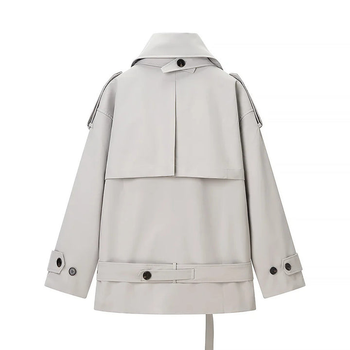Damen nan kurz geschnittener Doppelreiher Trenchcoat mit Taillengürtel und hohem Stehkragen Drune