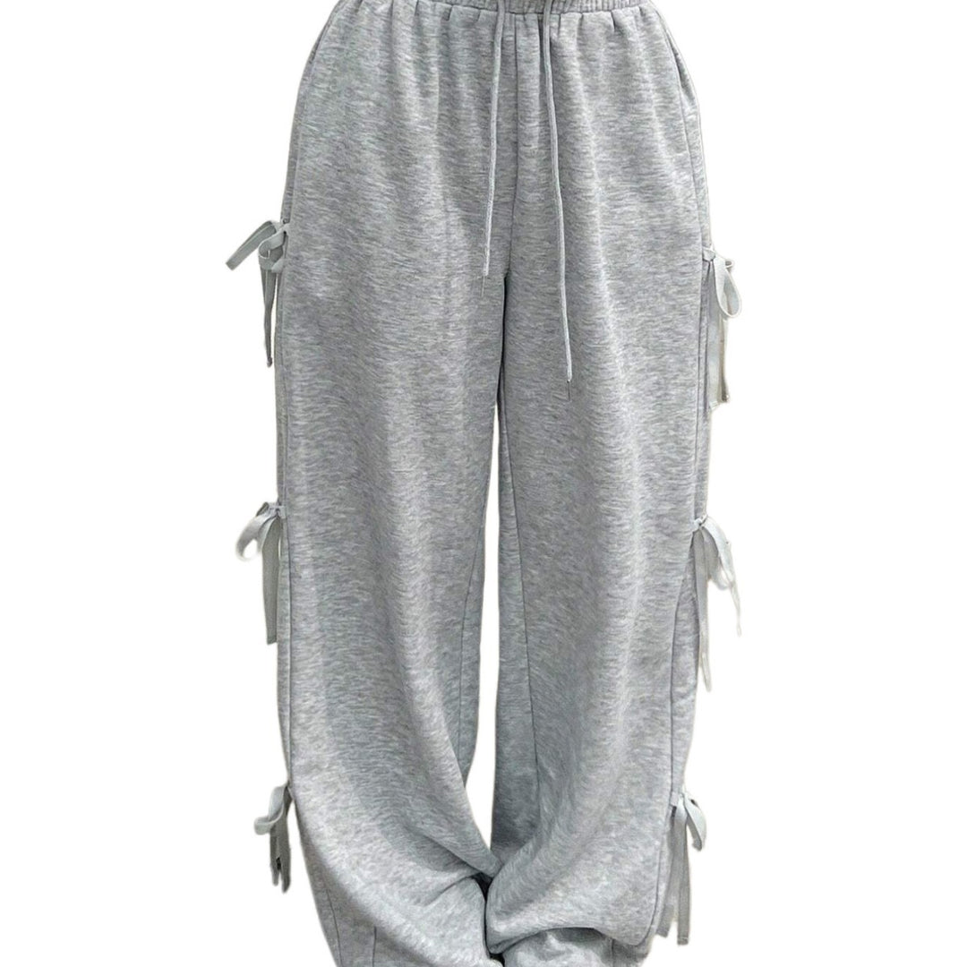 Damen lockere Wide‑Leg Loungehose mit elastischem Bund, Kordelzug und seitlichen Zierschleifen Drune
