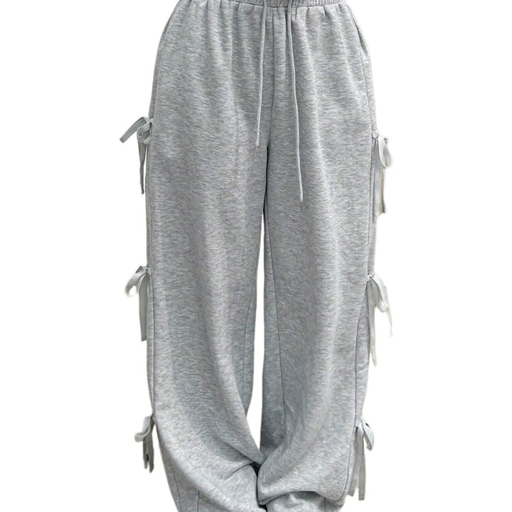 Damen lockere Wide‑Leg Loungehose mit elastischem Bund, Kordelzug und seitlichen Zierschleifen Drune