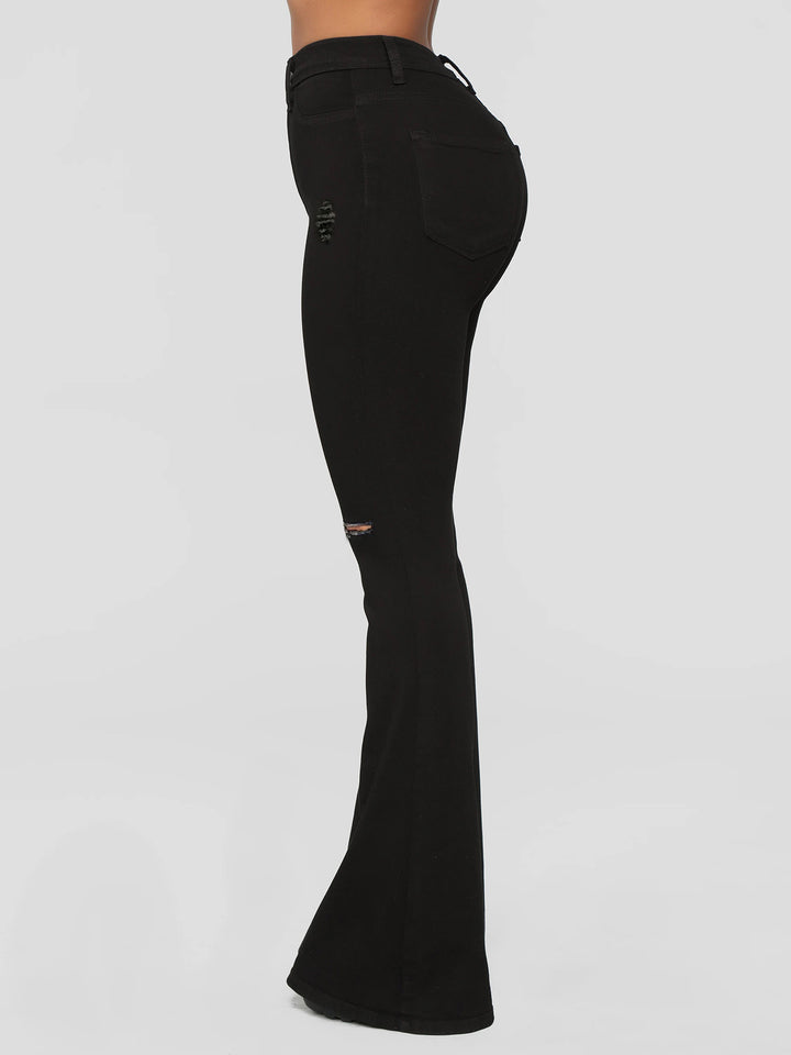 Damen High‑Waist Flared‑Jeans mit Knie‑Rissen und sculptendem Stretchbund Drune