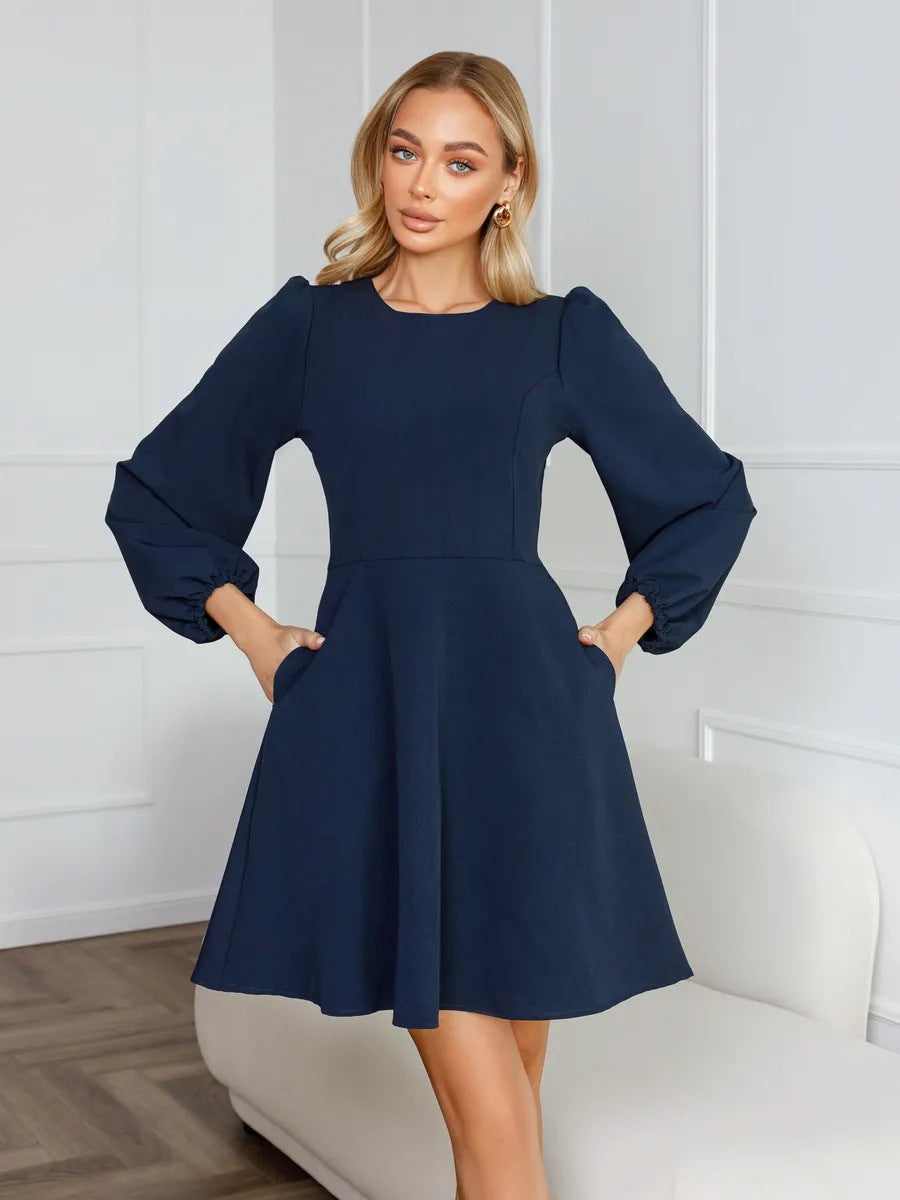 Damen schickes Cocktailkleid mit geraffter Taille, langen Ballonärmeln und rundem Ausschnitt Drune