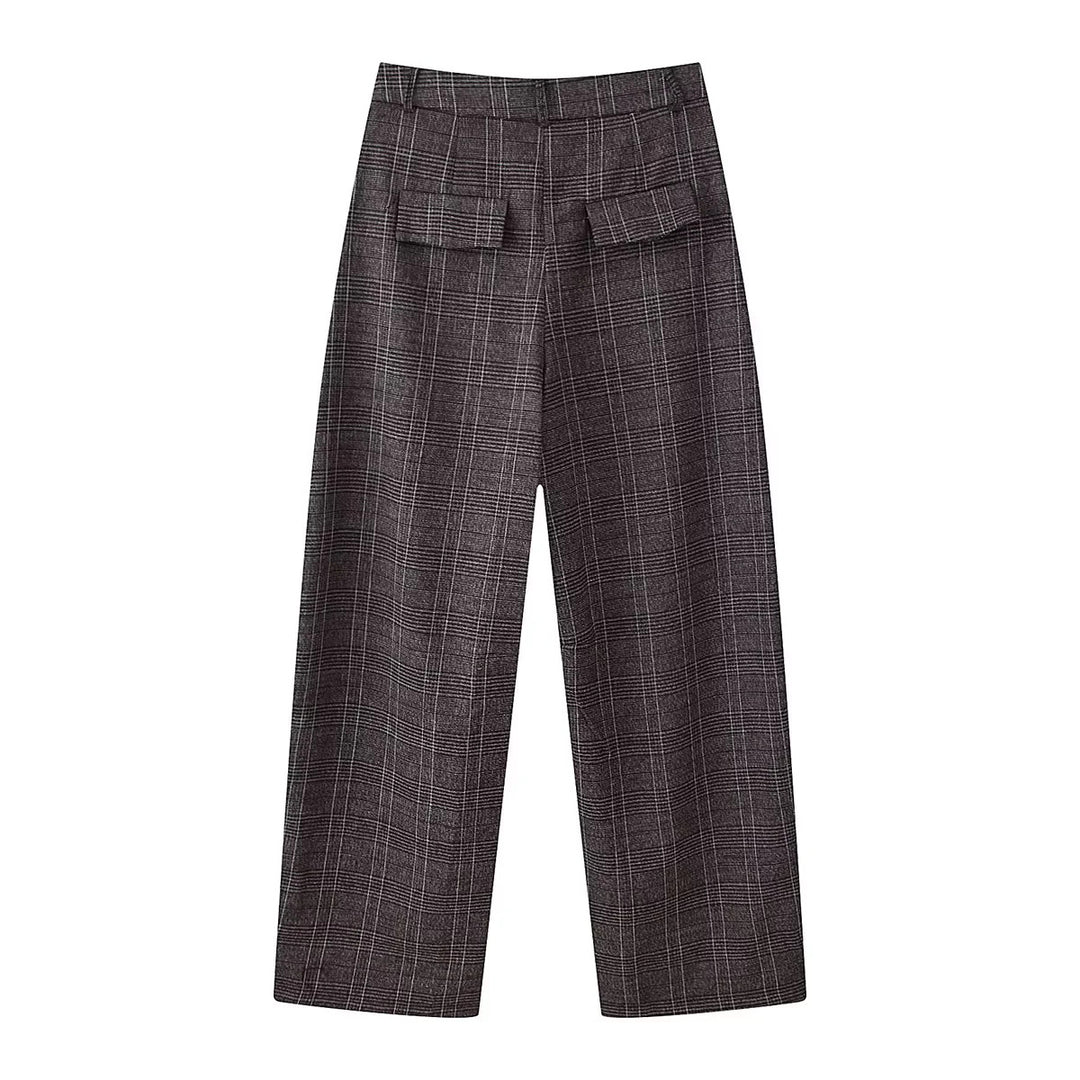 Damen nan hochtaillierte Glencheckweite Hose mit Bügelfalte und geradem Bein Drune