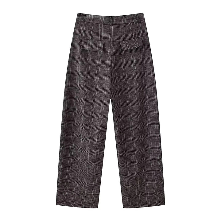 Damen nan hochtaillierte Glencheckweite Hose mit Bügelfalte und geradem Bein Drune