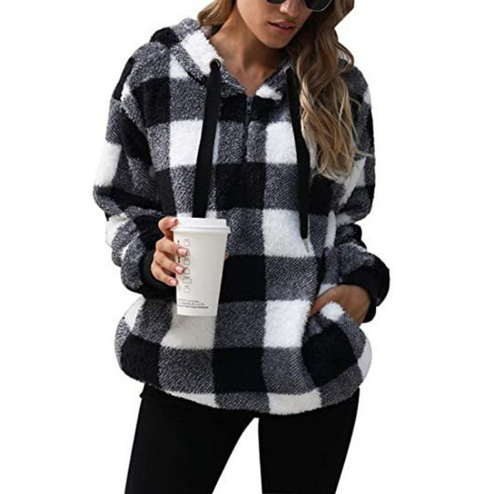 Damen kuschelige Karo-Hoodiejacke mit Reißverschluss und Kängurutasche Drune