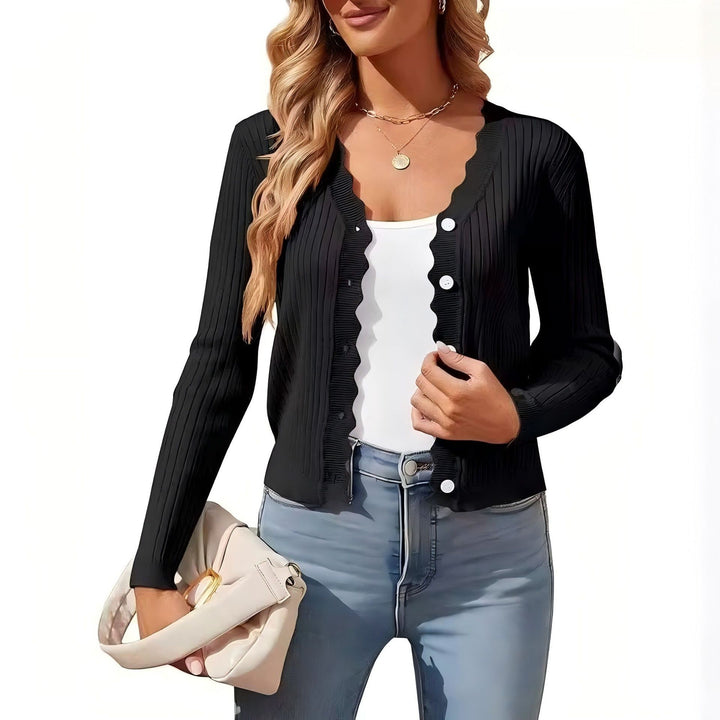 Damen Feiner Rippstrick Cropped-Cardigan mit Wellensaum und dekorativer Knopfleiste Drune