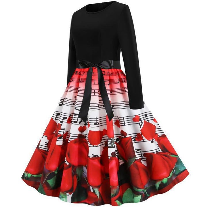 Damen tailliertes A-Linien Kleid mit Noten- und Rosenprint Langarm und Taillenschleife Drune