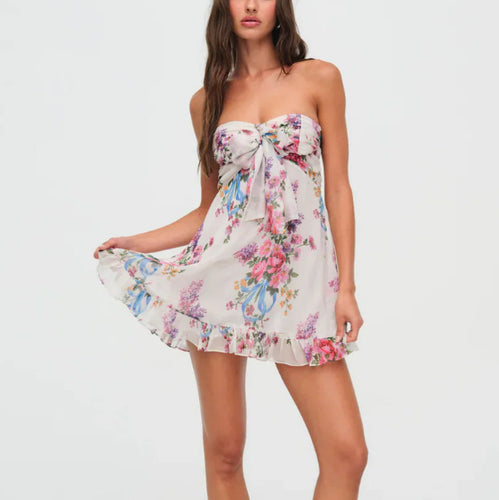 Damen nan trägerloses Chiffonkleid mit Frontschleife und Volantsaum Drune