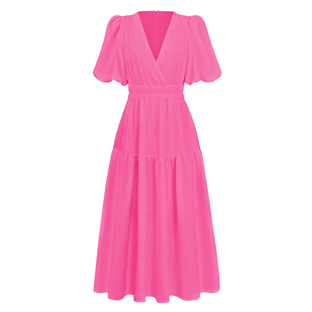 Damen Maxikleid mit Puffärmeln und elastischem Taillenbund Drune