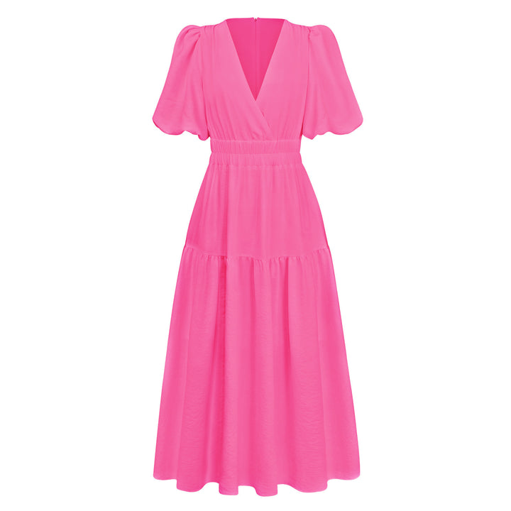 Damen Maxikleid mit Puffärmeln und elastischem Taillenbund Drune