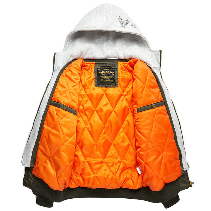 Herren nan fliegerinspirierte Bomberjacke mit integriertem Kapuzeneinsatz, Ärmeltasche und wattierter Innenlage Drune
