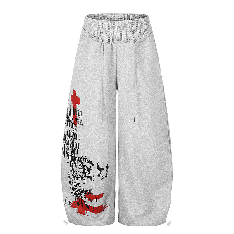 Damen Extraweite Balloon-Palazzo-Sweathose mit geripptem Komfortbund, Kordelzug und typografischem Gothic-Print Drune
