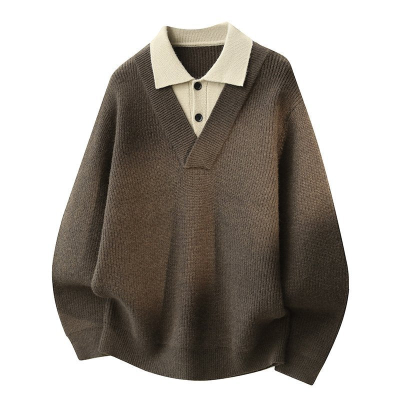 Damen Modischer Grobstrickpullover mit V-Ausschnitt und Kragen Drune
