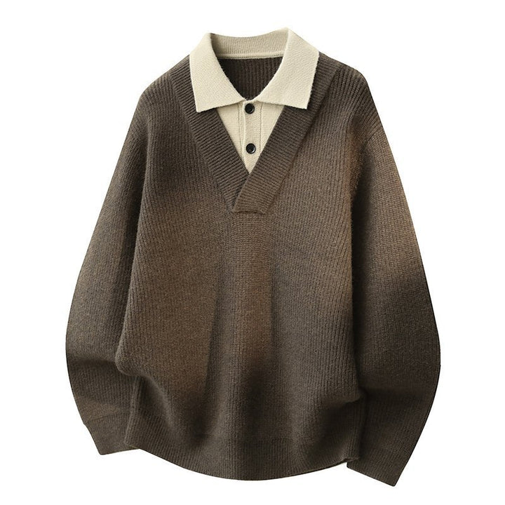 Damen Modischer Grobstrickpullover mit V-Ausschnitt und Kragen Drune