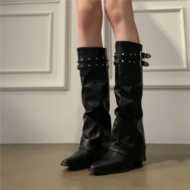 Damen Schlupf-Kniestiefel im Biker-Look mit Nieten- und Doppel-Schnallenriemen Drune