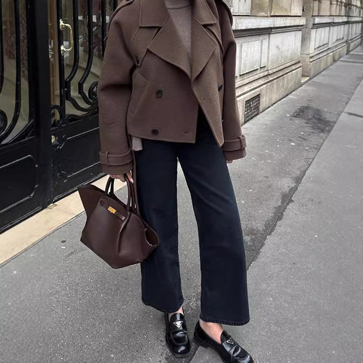 Damen Cropped Trenchjacke mit taillierbarem Gürtel und doppelt knöpfbarem Design Drune