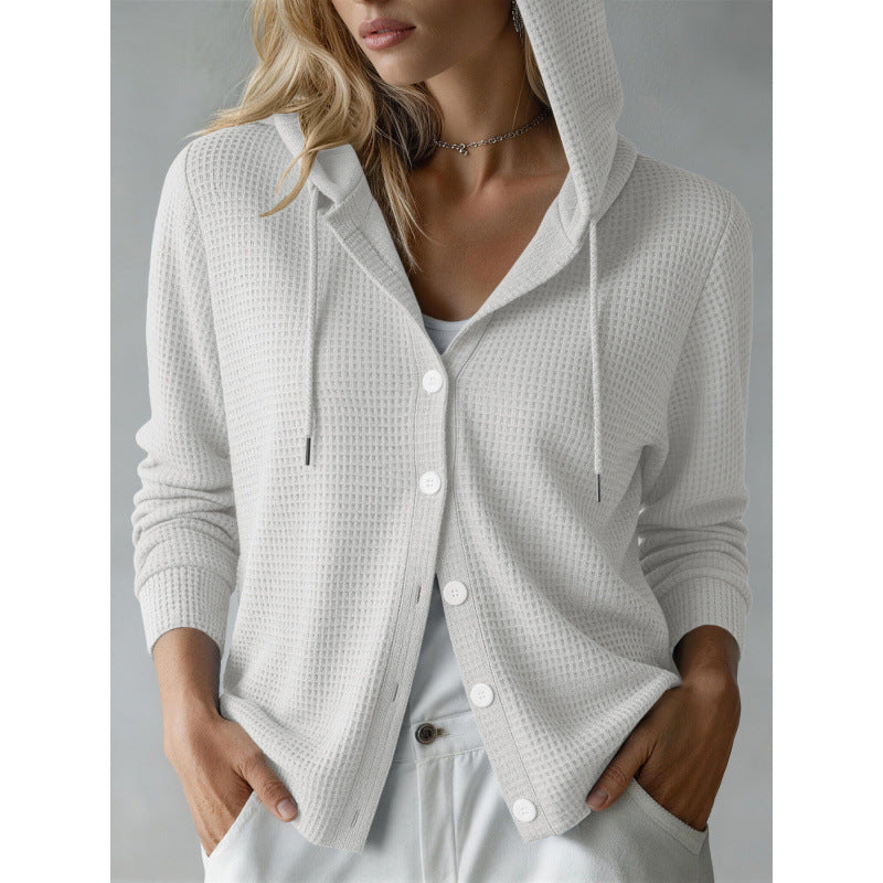 Damen Kapuzen-Strickjacke mit Waffelstruktur und Knopfleiste Drune