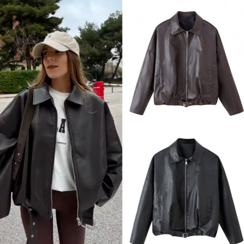 Unisex Oversize Kunstlederjacke mit Reißverschluss Hemdkragen und Taillengürtel Drune