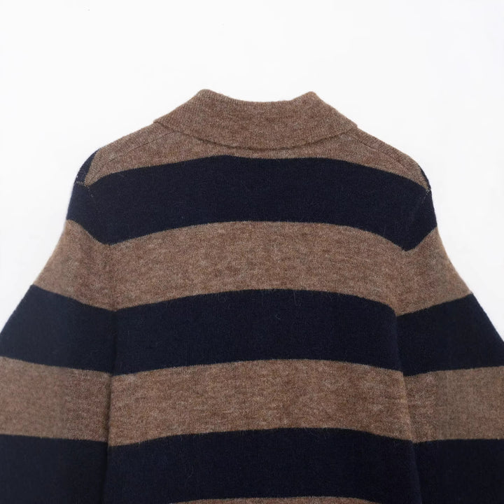 Damen gestreifte kuschelige Strickjacke mit Hemdkragen und durchgehender Knopfleiste Drune