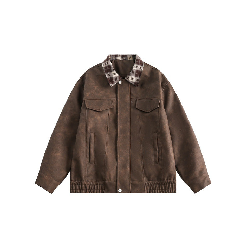 Herren Boxy Kunstleder‑Blouson mit kariertem Umlegekragen und Pattentaschen Drune