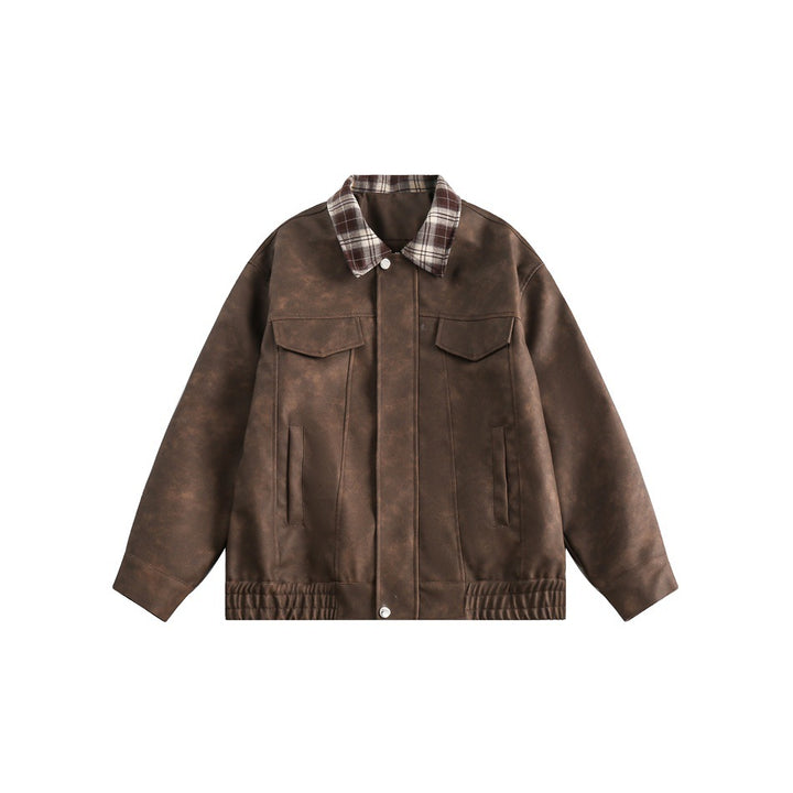 Herren Boxy Kunstleder‑Blouson mit kariertem Umlegekragen und Pattentaschen Drune