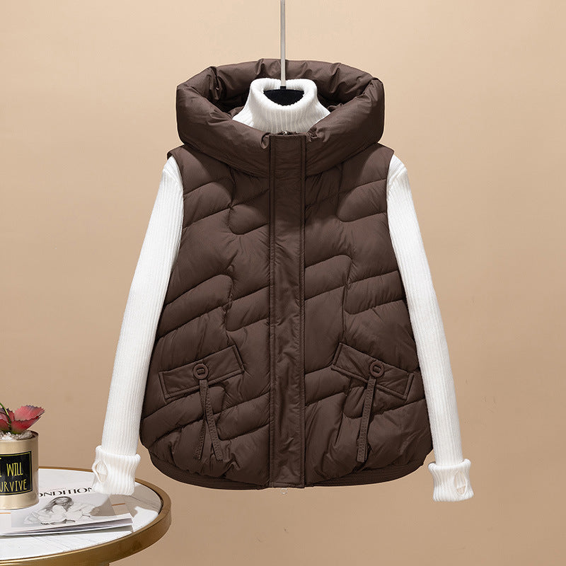Damen Modische Steppweste mit Kapuze und eleganten Strickärmel Drune
