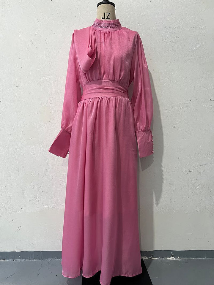 Damen Elegantes Chiffon-Maxikleid mit tailliertem Wickelbund, Stehkragen und langen Puffärmeln Drune