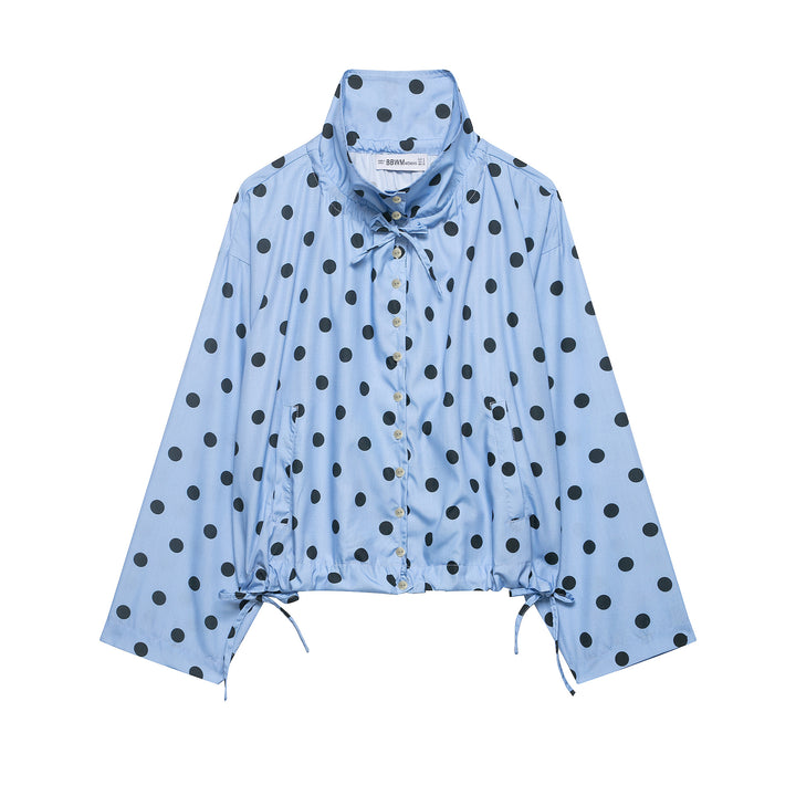 Damen Leichte Bluse im Polka‑Dot‑Design mit Stehkragen, Tunnelzugsaum und Knopfleiste Drune