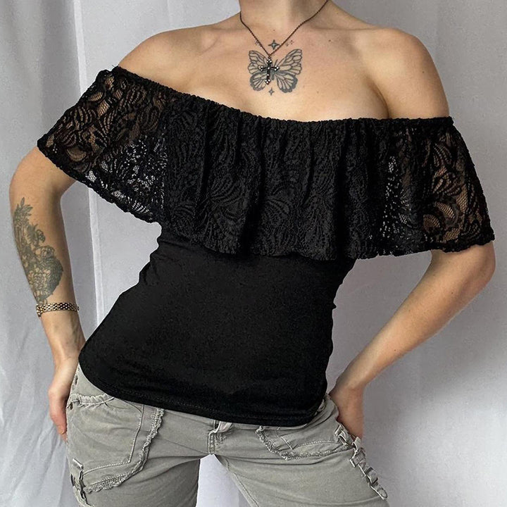 Damen Off-Shoulder Oberteil mit Rüschendetails und eleganten Spitzenakzenten Drune