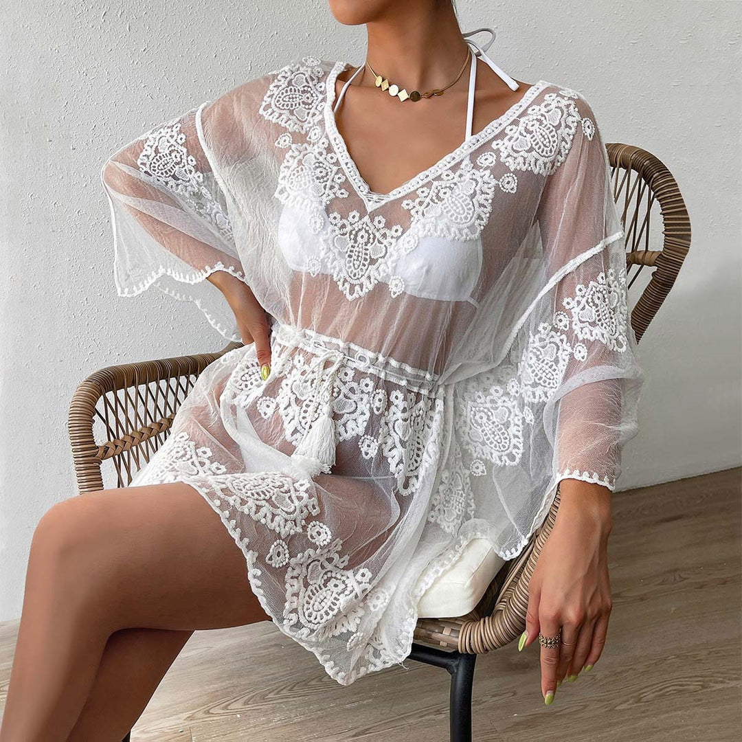 Damen elegante gehäkelte Strandtunika mit tailliertem Gürtel und Volantärmeln Drune