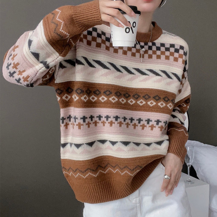 Damen Grobstrickpullover mit geometrischem Muster und weitem Schnitt Drune
