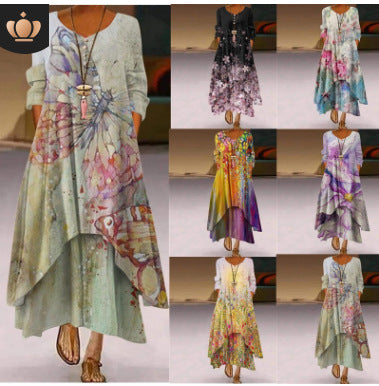 Damen Fließendes Maxikleid mit kunstvollem Blumendruck und asymmetrischem Saum Drune