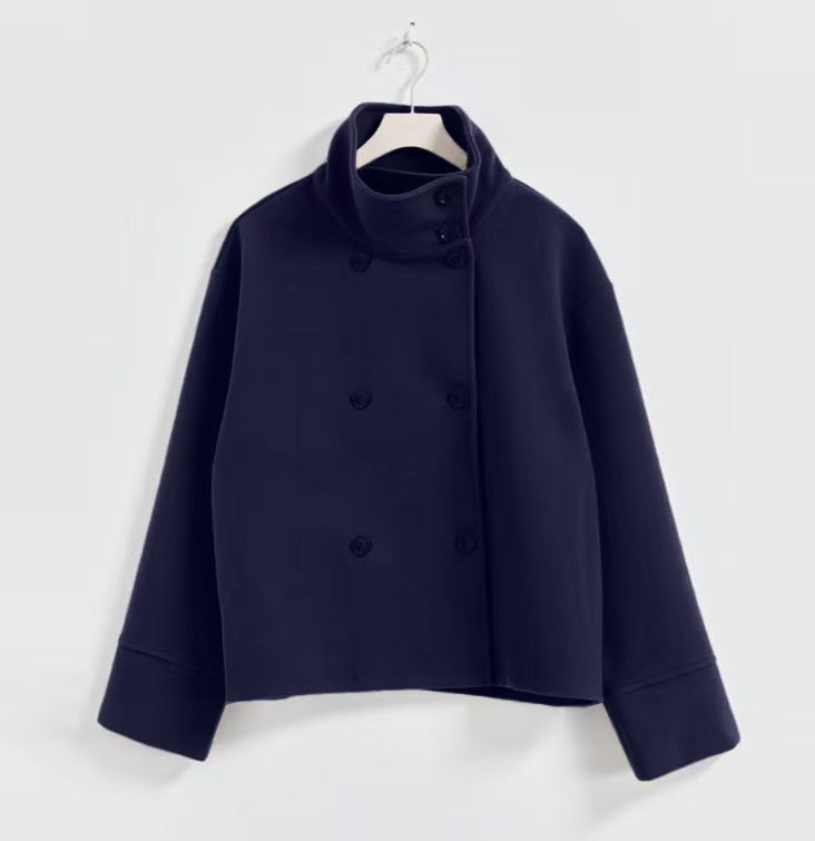 Damen Modische Cropped Jacke mit hohem Kragen und doppelter Knopfleiste Drune
