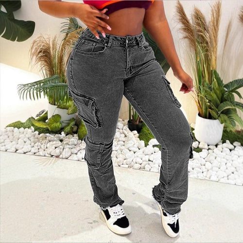Damen Hochgeschnittene Cargo-Jeans mit mehreren Pattentaschen und ausgefranstem Saum Drune