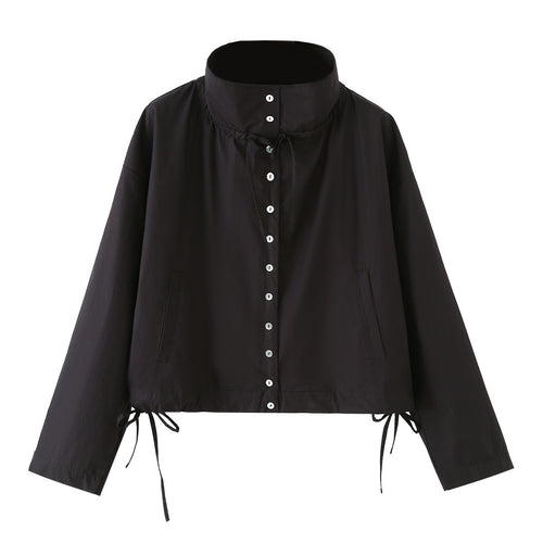 Damen kurzgeschnittene Blousonjacke mit hohem Stehkragen, Knopfleiste und Tunnelzug Drune